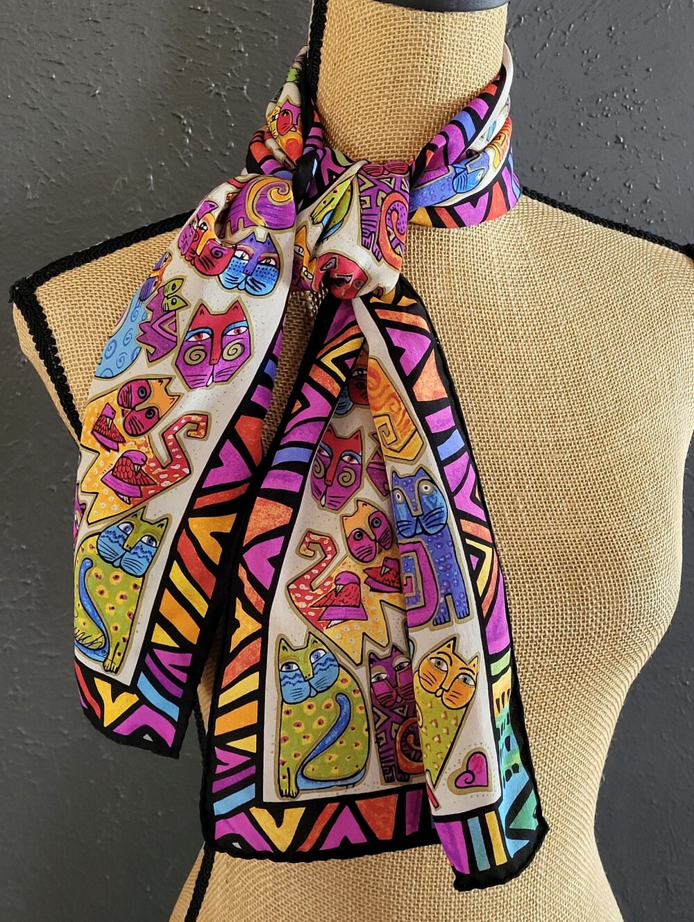 Laurel Burch Silk Rectangular Scarf Cat Themed Hand Rolled Hems Signed